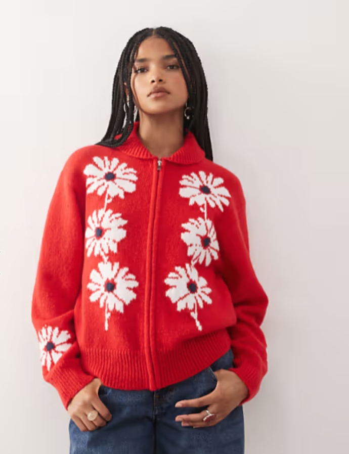 πλεκτή ζακέτα με floral μοτίβο