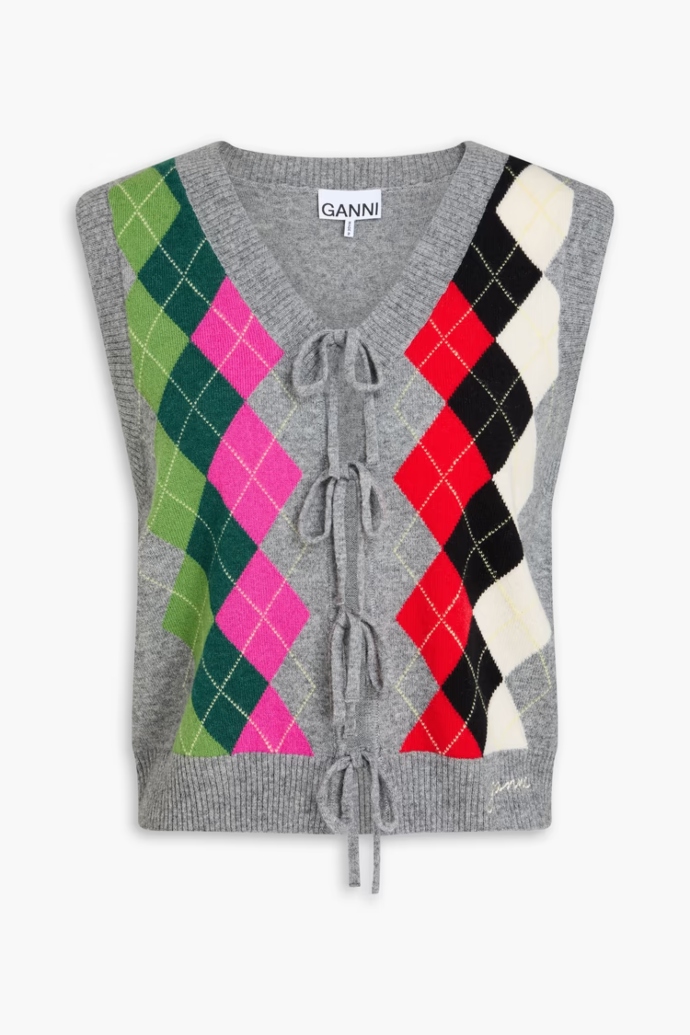 πλεκτό γιλέκο με argyle print και φιογκάκια